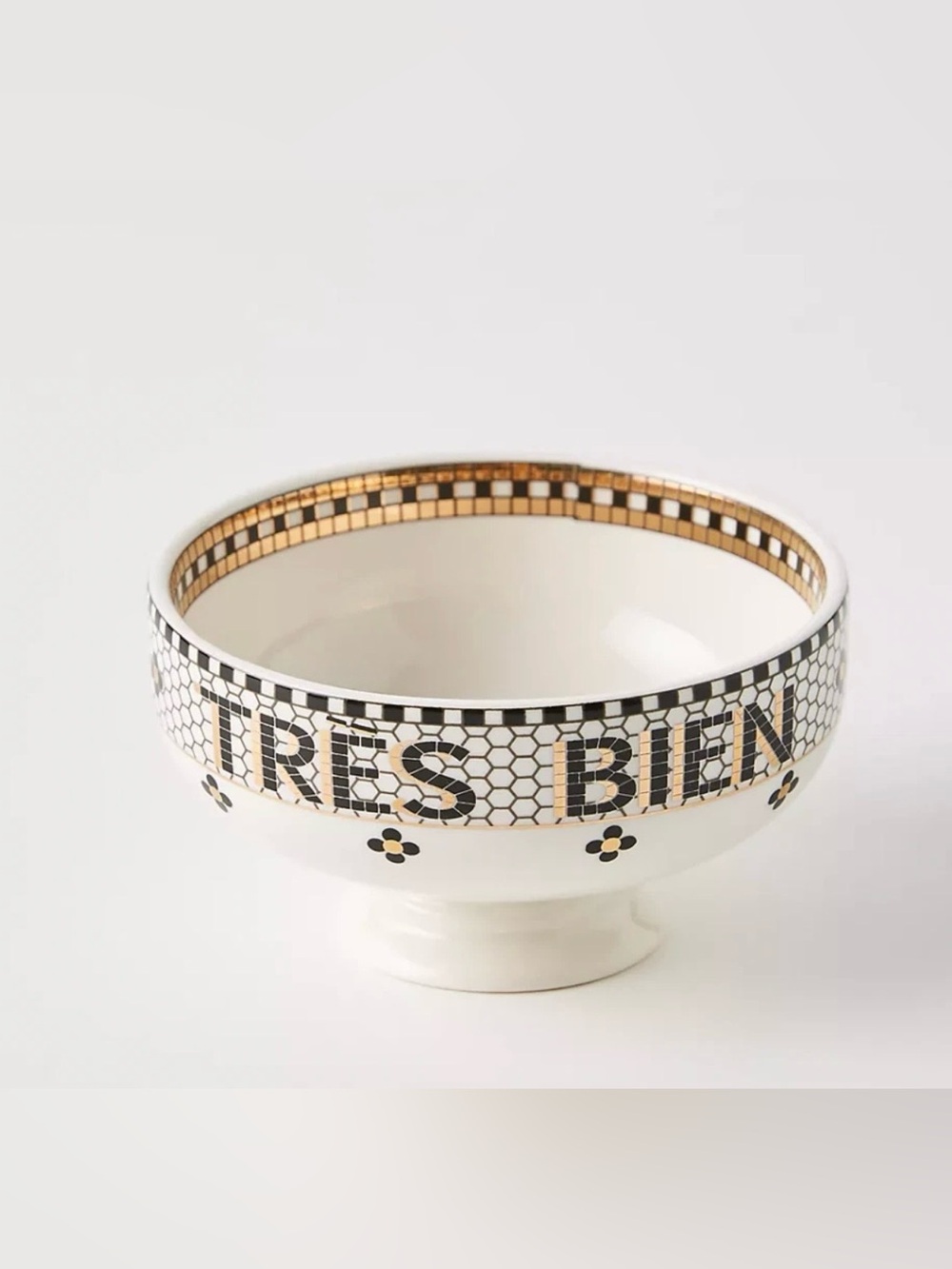 Anthropologie Bistro Tile Stoneware 24k Gold Accent Bowl, Tres Bien